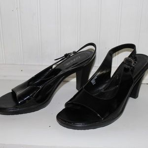 Black, open-toe heels with back strap